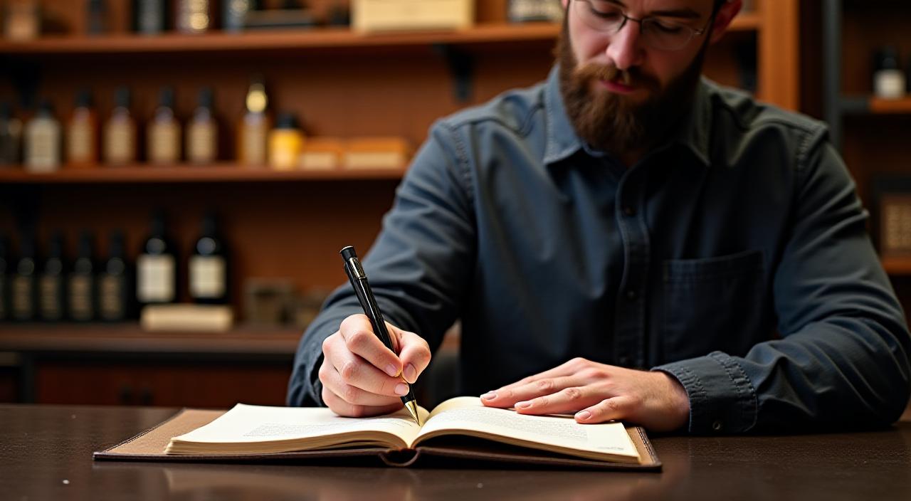 Artigiano che scrive su un registro in pelle pregiata